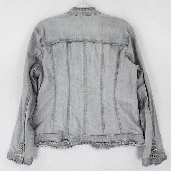 Chicos Jacket Women 2 Gray 12 Platinum Denim Jean Trucker Stretch Ruffle Casual - Picture 13 of 15